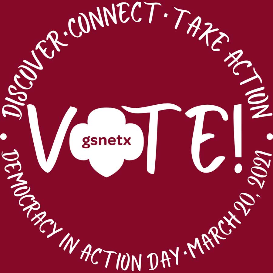 TWU Girl Scout sticker that tells students to take action and vote.